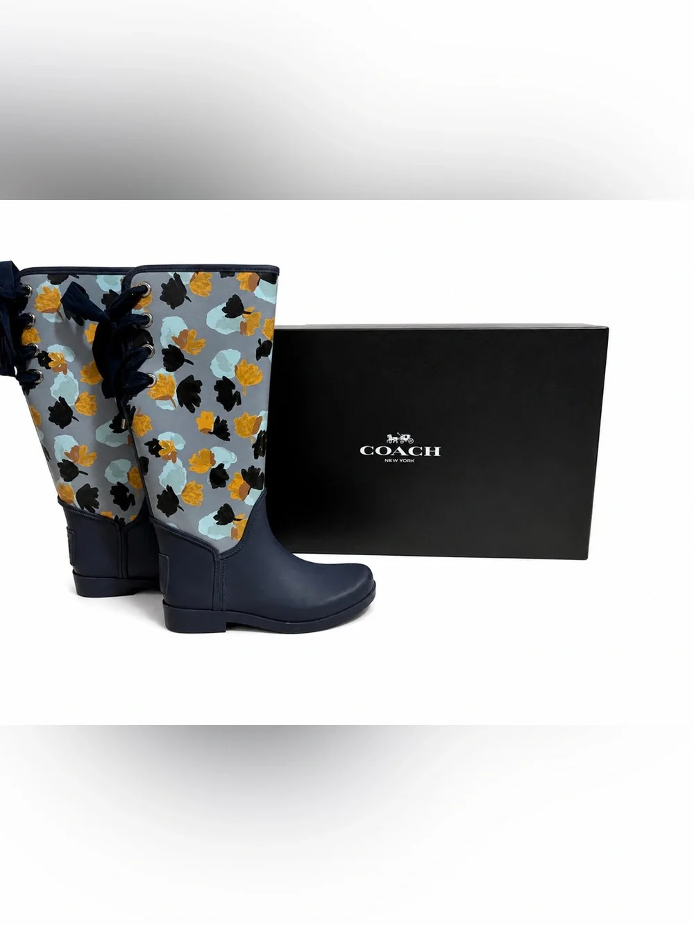 Coach Tristee Floral Tall Rainboots Navy Cornflower Size 7 w/ Box